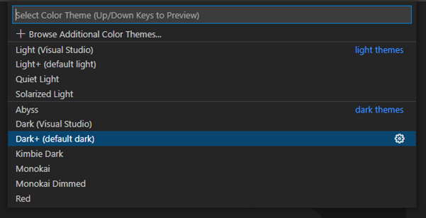 themes available in VS code