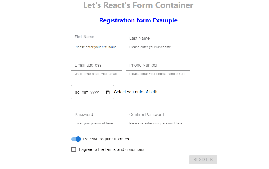 Working demo of the Registration form